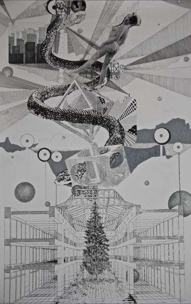 Set of reactions in living organisms to sustain life, silkscreen ink, graphite & ink on paper, 150x97cm